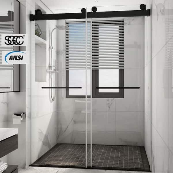 waterpar 58 in. to 60 in. W x 76 in. H Sliding Frameless Shower Door in Matte Black with Clear Glass