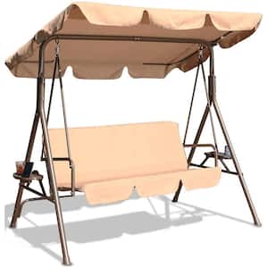 2-Person Metal Patio Swing Seat with Canopy and Removable Cushion in Beige