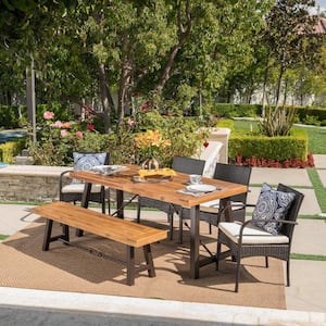 6-Piece Faux Rattan, Wood and Iron Rectangular Outdoor Dining Set with Cream Cushion