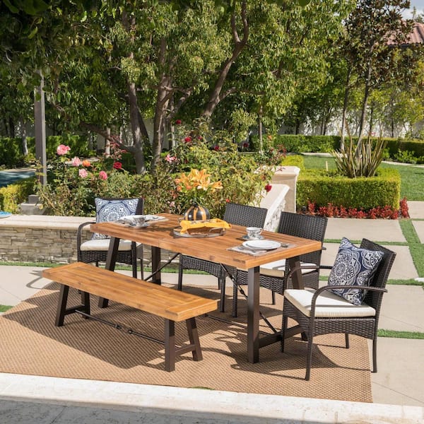 Noble House 6-Piece Faux Rattan, Wood and Iron Rectangular Outdoor Dining Set with Cream Cushion