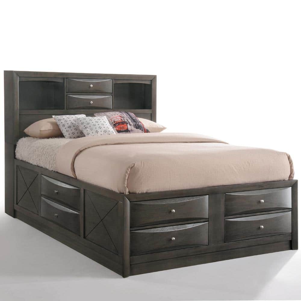Gray Oak Upholstered King Captain's Bed with Bookcase Storage