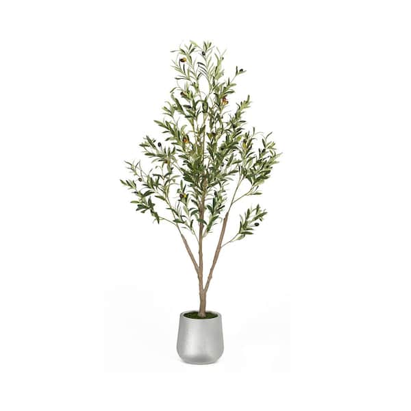 hykolity 5FT Artificial Olive Tree with Gray Tall Planter, Artificial Plants with Natural Wood Trunk and Lifelike Fruits