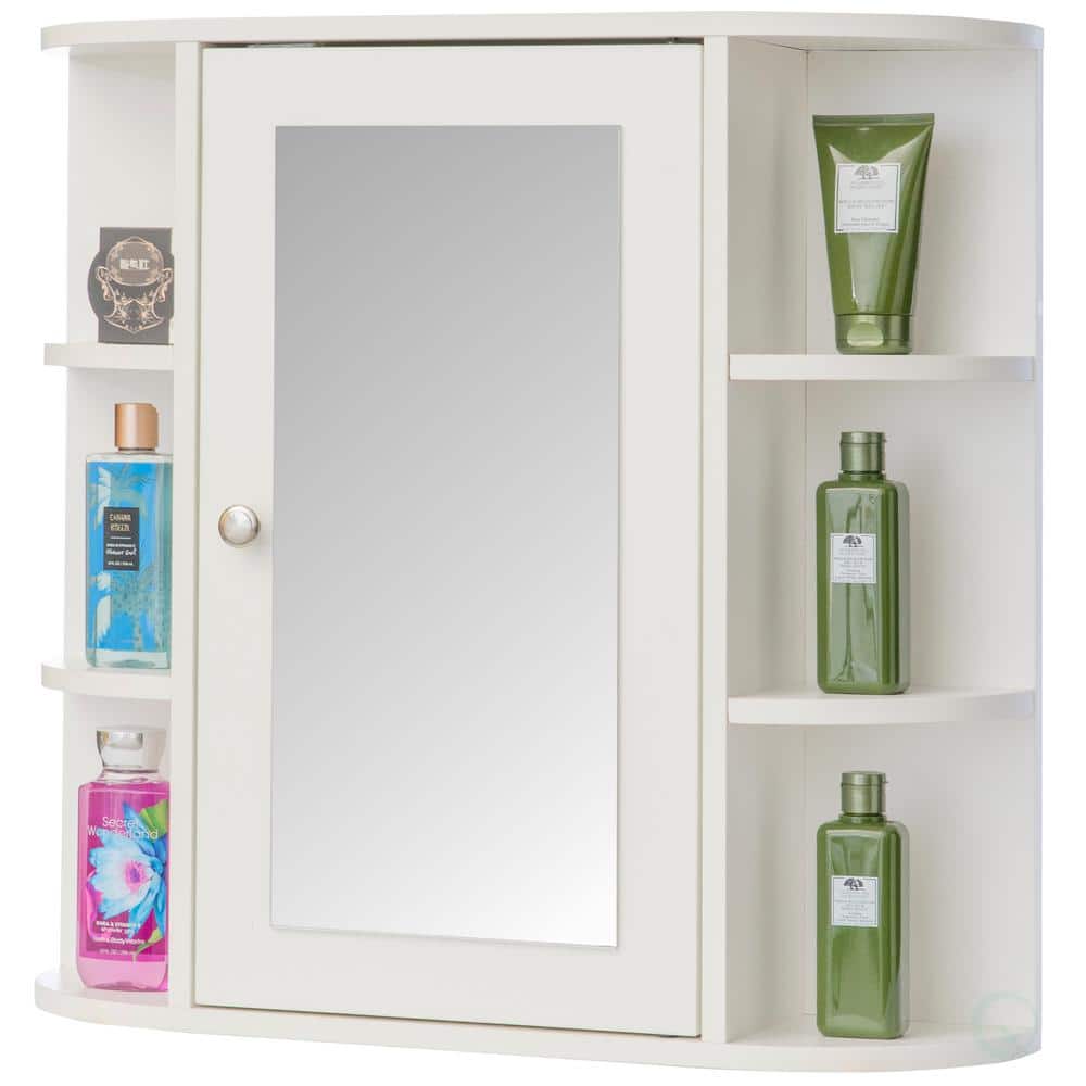 White Wall Mounted Mirrored Medicine Cabinet with Open Shelves