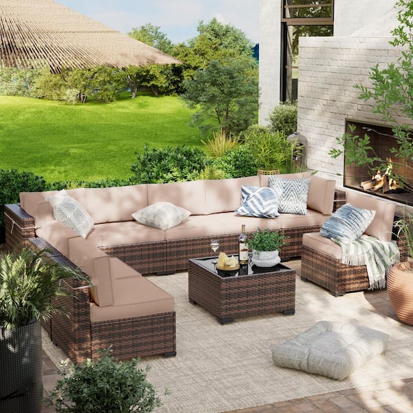 Brown 9-Piece Wicker Patio Conversation Sectional Seating Set with Khaki Cushions