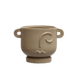 6.12 in. L x 8.25 in. W x 5.75 in. H 5 qts. Cream Speckled Stone Face Planter Decorative Pots with Handles and Saucer