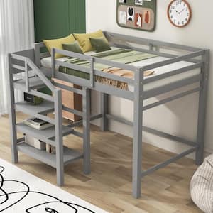 Gray Wood Full Size Loft Bed with Built-in Storage Staircase and Hanger for Clothes