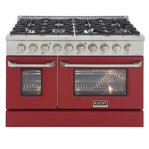 Pro-Style 48 in. 6.7 cu. ft. Double Oven Liquid Propane Range with 8 Burners in Stainless Steel and Red Oven Doors
