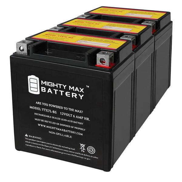 Mighty Max YTX7L-BS 12V 6Ah Battery – 3-Pack, Lead Acid Replacement For Motorcycle, Jetski, Snowmobile