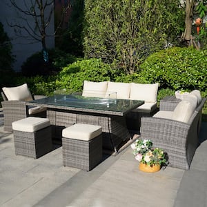 Andrea Gray 7-Piece Wicker Patio Fire Pit Conversation Sofa Set with Beige Cushions