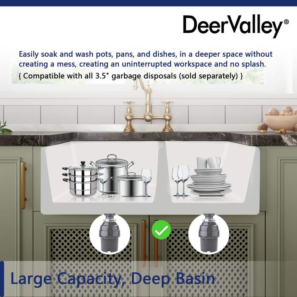 DeerValley 33" White Fireclay Double Bowl Farmhouse Sink