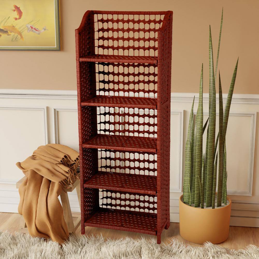 Elegant Mahogany 53" Natural Fiber 5-Shelf Bookcase