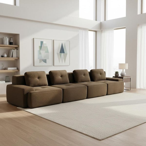TITK 152.8 in. Track Arm 3-Piece Corduroy Modular Sectional Sofa with Deep Seats and Tufted Cushions in. Espresso Brown