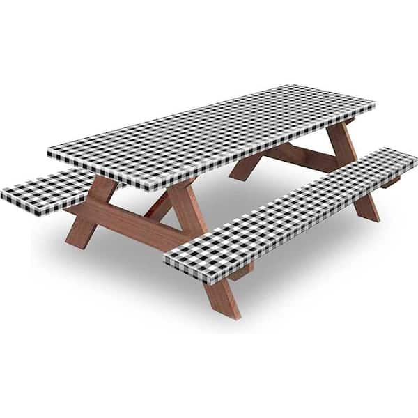 Unbranded 6 ft. Picnic Table and Bench Cover 3-Pack, Waterproof Vinyl Tablecloth with Elastic Edges, Black-White Checkered