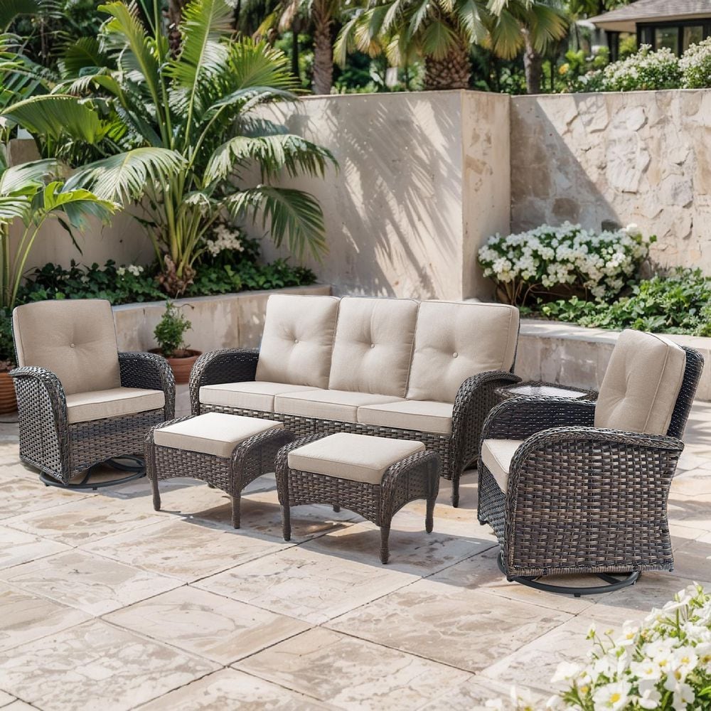 SleekArm 6-Piece Brown Wicker Patio Conversation Set with Olefin Beige Cushion and Outdoor Swivel Glider Chairs price history on PriceWatchPro
