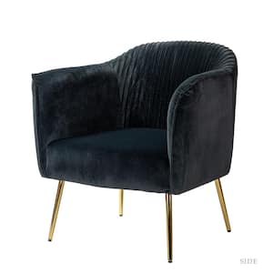 Auder Contemporary Black Velvet Accent Barrel Chair with Ruched Design and Golden Legs