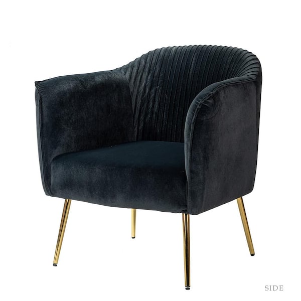 JAYDEN CREATION Auder Contemporary Black Velvet Accent Barrel Chair with Ruched Design and Golden Legs