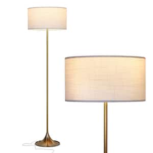 Quinn 60 in. Antique Brass Mid-Century Modern 1-Light LED Energy Efficient Floor Lamp with White Fabric Drum Shade