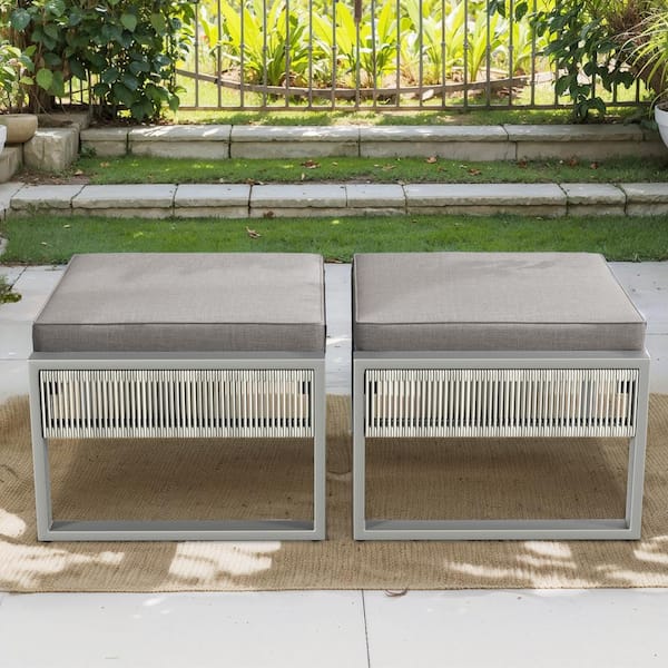 Modern Industrial Light Beige Wicker Outdoor Ottoman with Olefin Dark Gray Cushions (2-Pack)