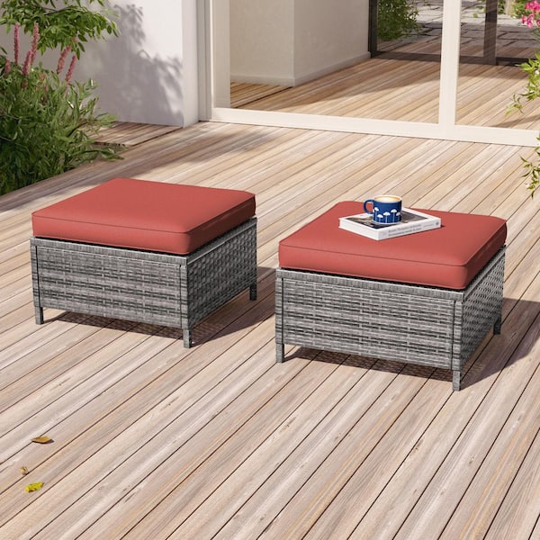 2-Piece Steel Frame Gray Wicker Outdoor Ottoman with Removable Rust Red Cushion