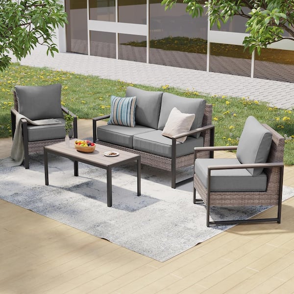 4 Pieces Patio Conversation Set with Coffee Table All-Weather Gray Wicker Loveseat Sofa with Gray Cushion