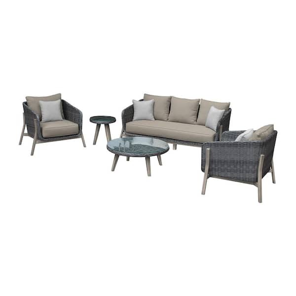 Armen Living Pismo Grey 5-Piece Acacia Wood Patio Conversation Set with Taupe Cushions
