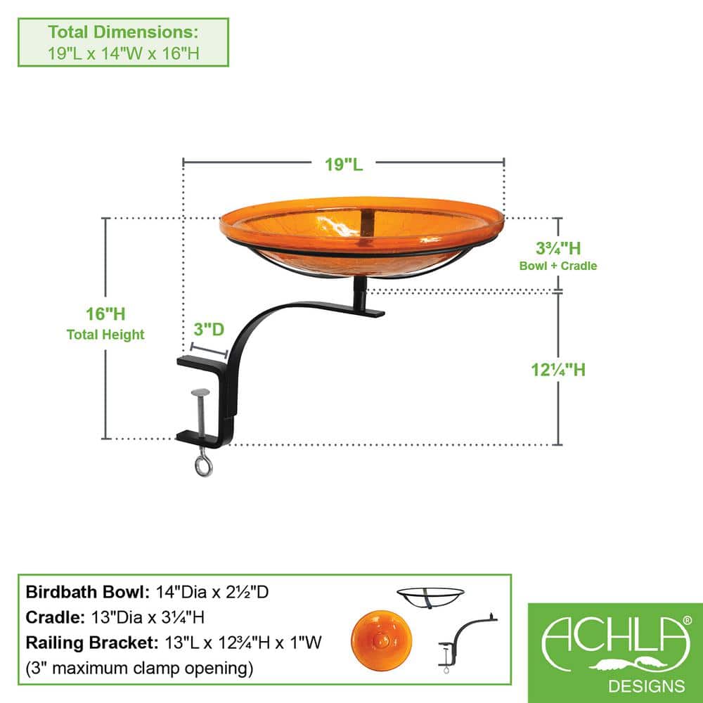 Mandarin Orange 14-Inch Hand Blown Crackle Glass Birdbath with Rail Mount