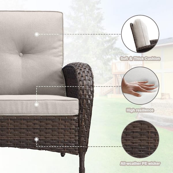 Brown 7-Piece Wicker Patio Conversation Set with Armchairs, Outdoor Sofa Seating Set with Olefin Beige Cushions