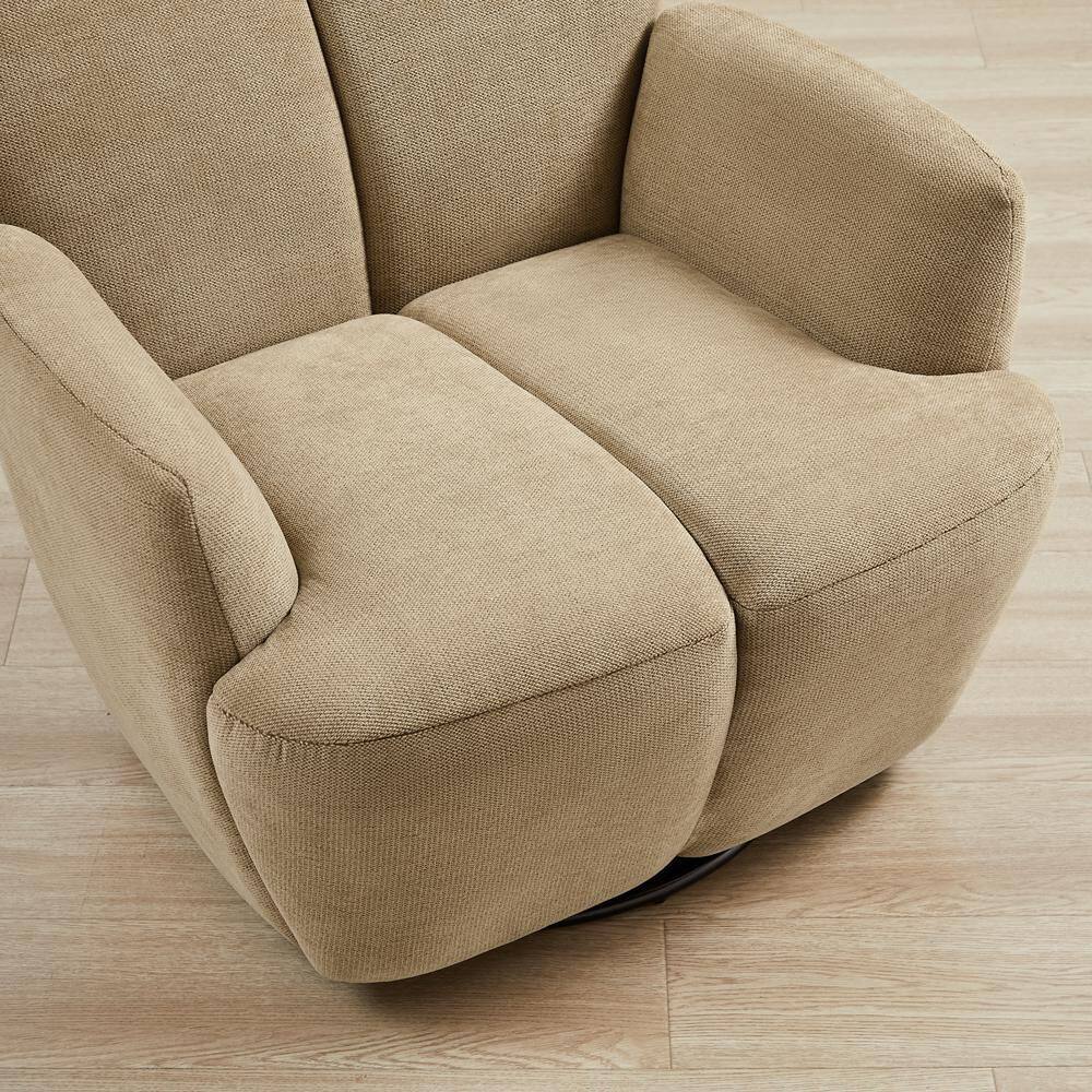 Close-up of the seat and armrest of a light yellow fabric accent chair