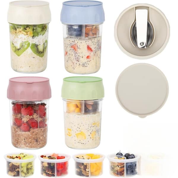 Adrinfly Overnight Oats Containers 4-Piece Set Divided Compartments with Lids Folding Spoons Small Glass 16oz Jars Food Storage