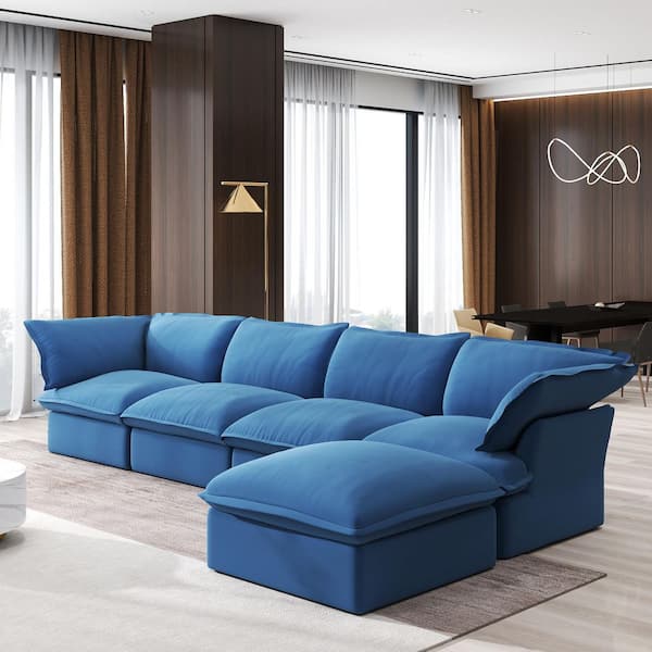 J&E Home 162.98 in Wide Flared Arm Linen Down-Filled Deep Seat Modular Sofa Free Combination in. Blue