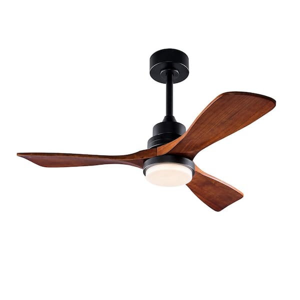42 in. Black Ceiling Fan with Light and Remote, 3 Dark Brown Wood Blades for Farmhouse Patio, Downrod Mount