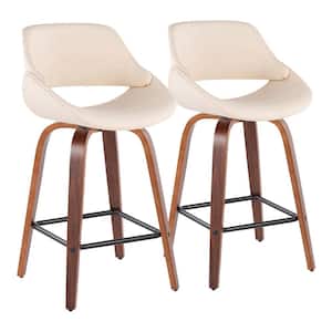 Fabrico 38 in. Cream Faux Leather and Walnut Wood High Back Counter H Bar Stool with Square Black Footrest (Set of 2)