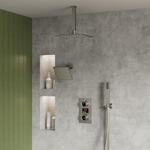 3-Spray 12 and 6 in. Dual Shower Head and Handheld Shower Head with LCD Display in Brushed Nickel(Valve Included)