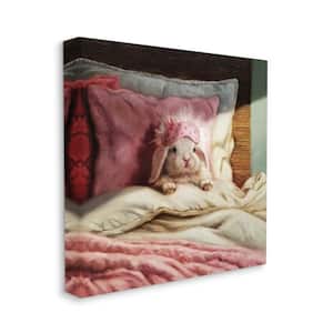 "Bunny Rabbit Resting in Bed Off-White Pink" by Lucia Heffernan Unframed Animal Canvas Wall Art Print 17 in. x 17 in.