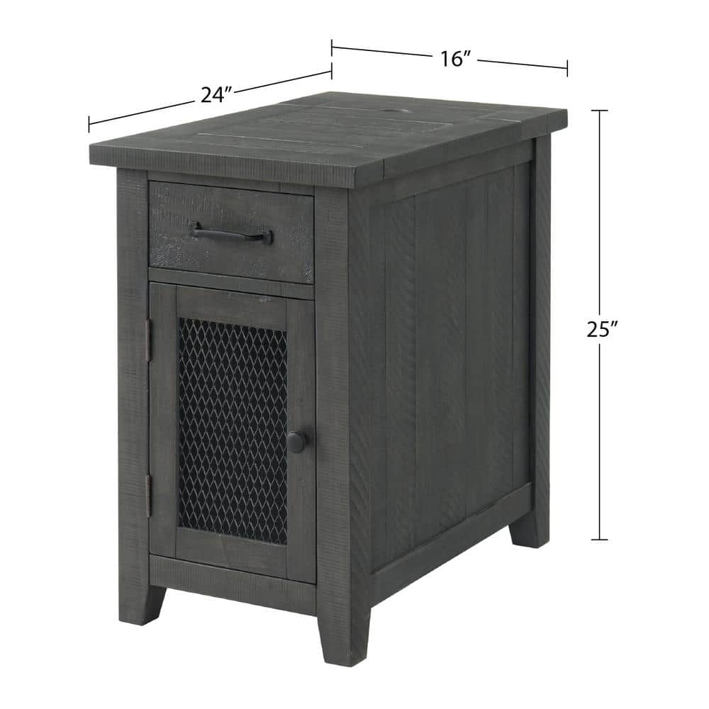 Rustic Gray Pine Chairside Table with Power Outlets and USB Ports