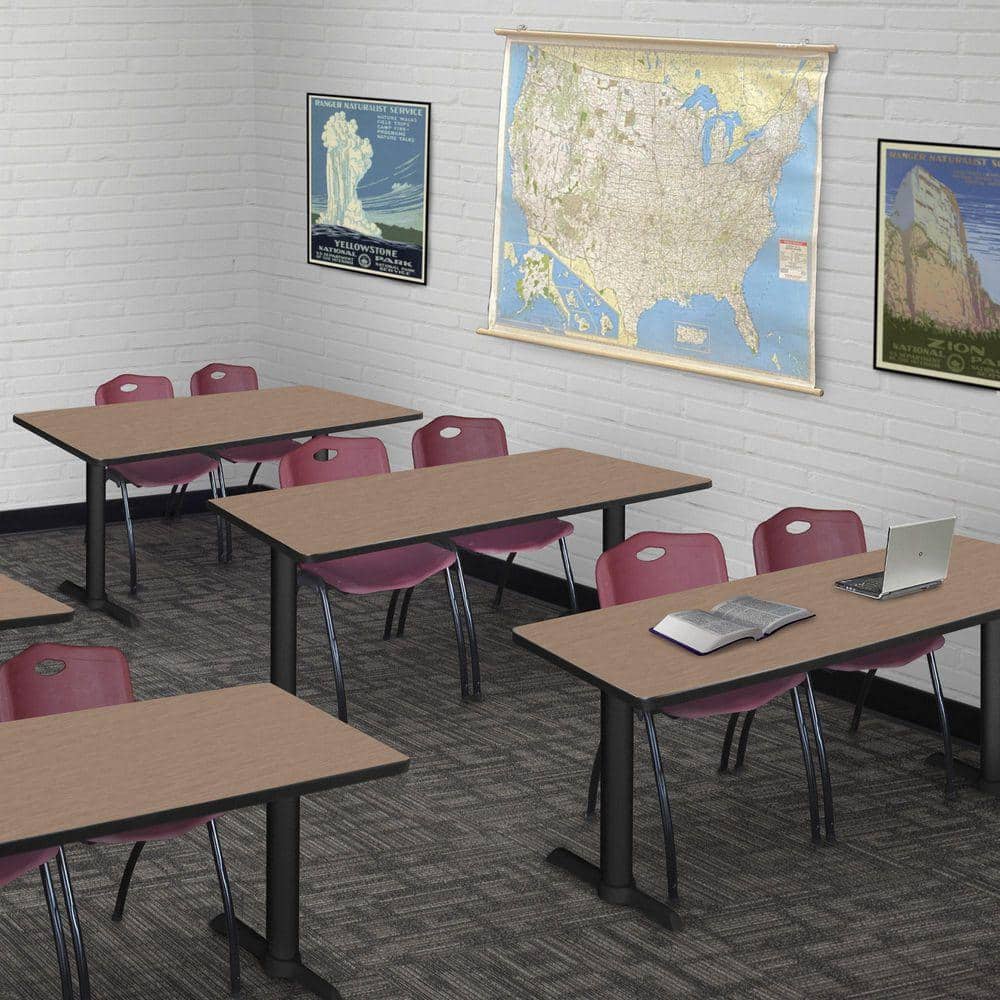Cain 48 in. x 24 in. Noble Oak T-Base Training Seminar Table Desk and 2 M Stack Chairs-Burgundy