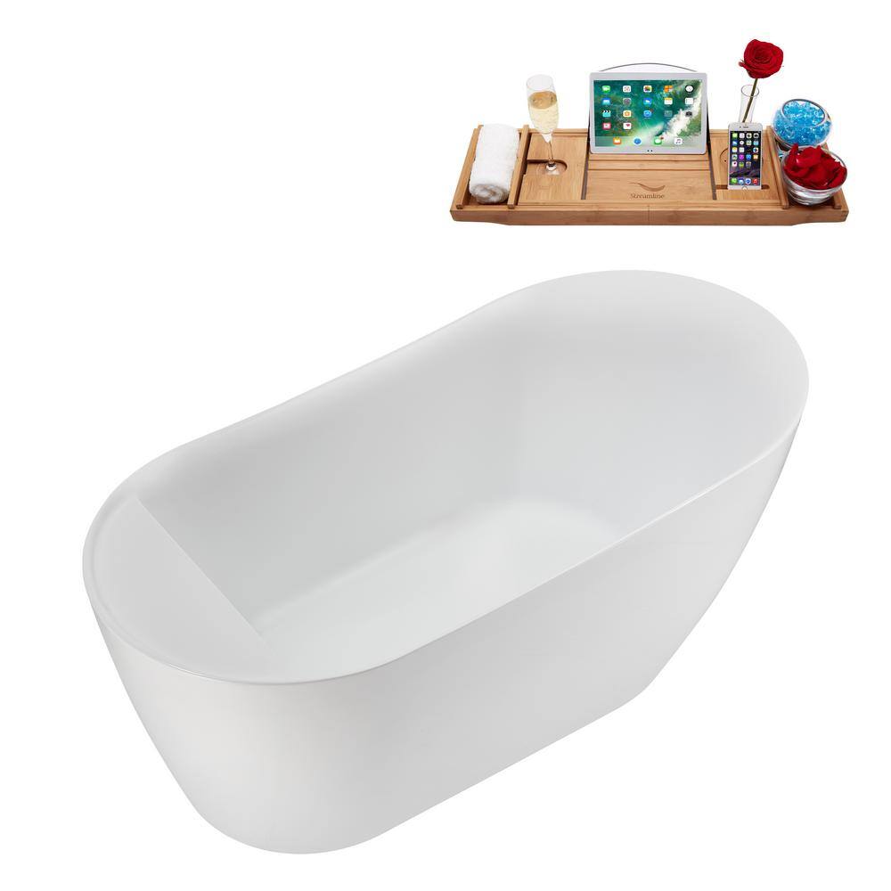 59" Glossy White Acrylic Freestanding Soaking Bathtub with Matte Black Trim
