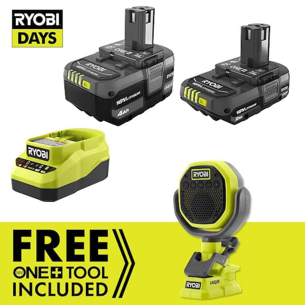 RYOBI ONE+ 18V Lithium-Ion 4.0 Ah Battery, 2.0 Ah Battery, and Charger Kit with FREE ONE+ Cordless VERSE Clamp Speaker
