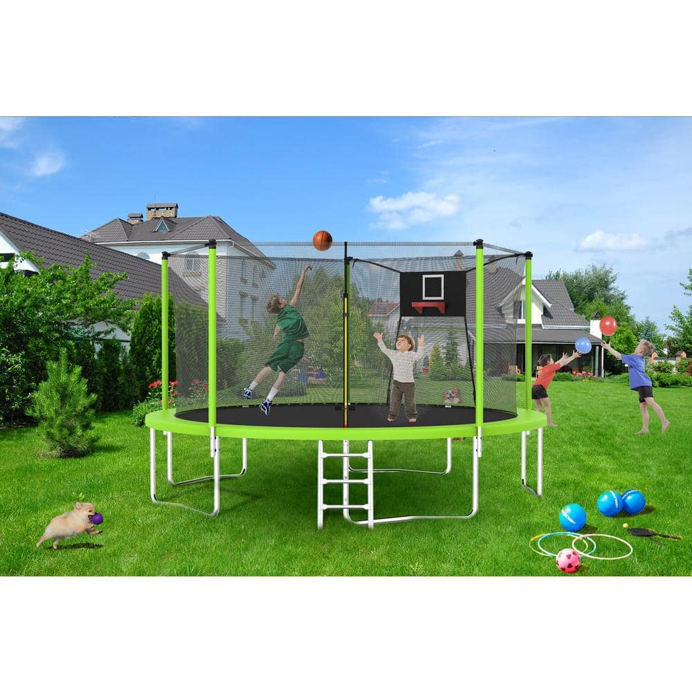 14FT Green Round Trampoline with Enclosure and Ladder