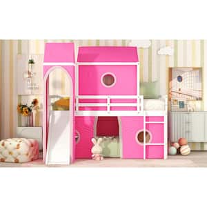 Pink Twin Size Bunk Bed with Slide Pink Tent and Tower