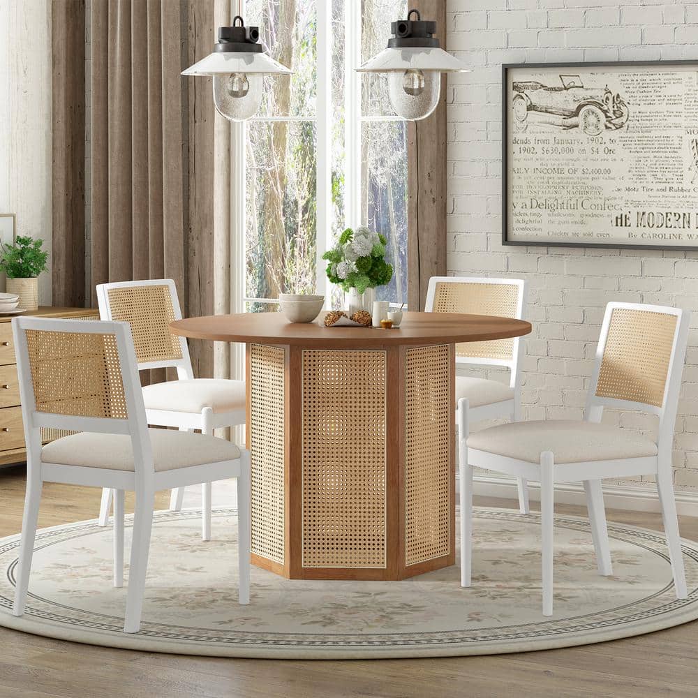 Harper & Bright Designs Rattan 5-Piece Round White and Beige MDF Wood Dining Table Set Seats 4 ...