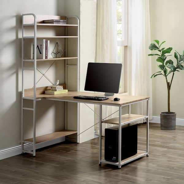 Magic Home 54.3 in. W L-Shape Light Wood Steel Frame and MDF Desktop Computer Desk with 5-Tier Open Bookshelves