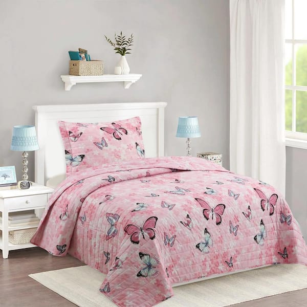 MarCielo A77 Deep Pink Butterfly Twin Size Polyester Quilts Set Coverlet