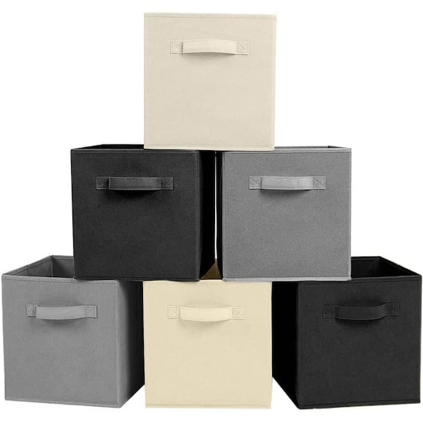11 in. H x 10.5 in. W x 10.5 in. D  Black+Beige+Grey Fabric Collapsible Cube Storage Bin, Pack of 6