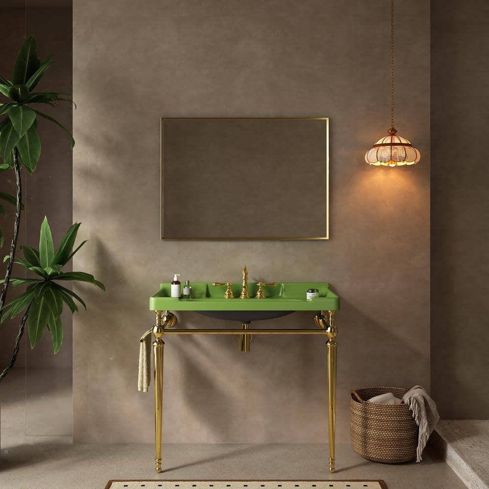 36 in. Green Ceramic Single Bowl Console Sink and Gold Legs Combo with 1-To
