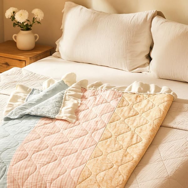 Tisy Pastel Blue, Pink, Yellow and Green Cotton and Polyester Throw Blanket