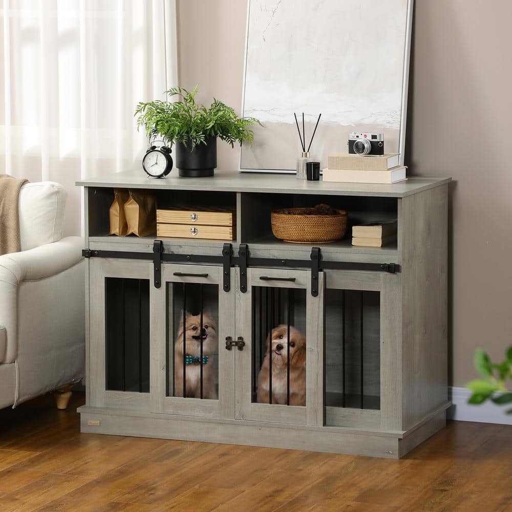 Large Gray Wooden Dog Crate Table with Sliding Doors
