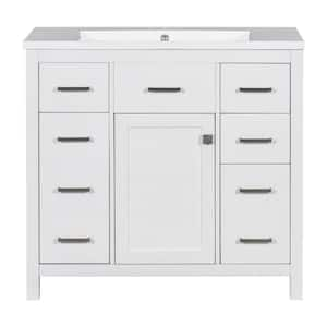 36 in. W x 18 in. D x 34 in. H Single Sink Freestanding Bath Vanity in White with White Resin Top and Storage Cabinet