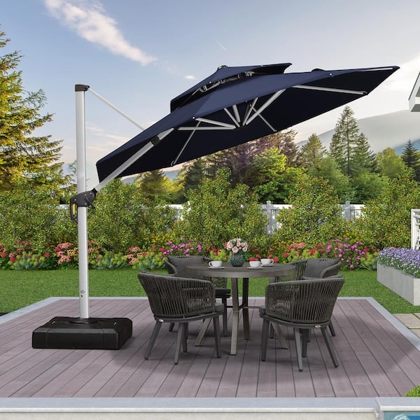 PURPLE LEAF 10 ft. Octagon High-Quality Aluminum Cantilever Polyester Outdoor Patio Umbrella with Stand, Navy Blue