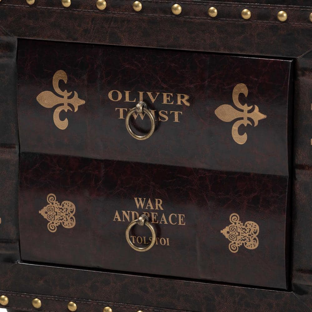 Charlier Rustic Dark Brown Faux Leather Storage Ottoman with Book Spine Drawer